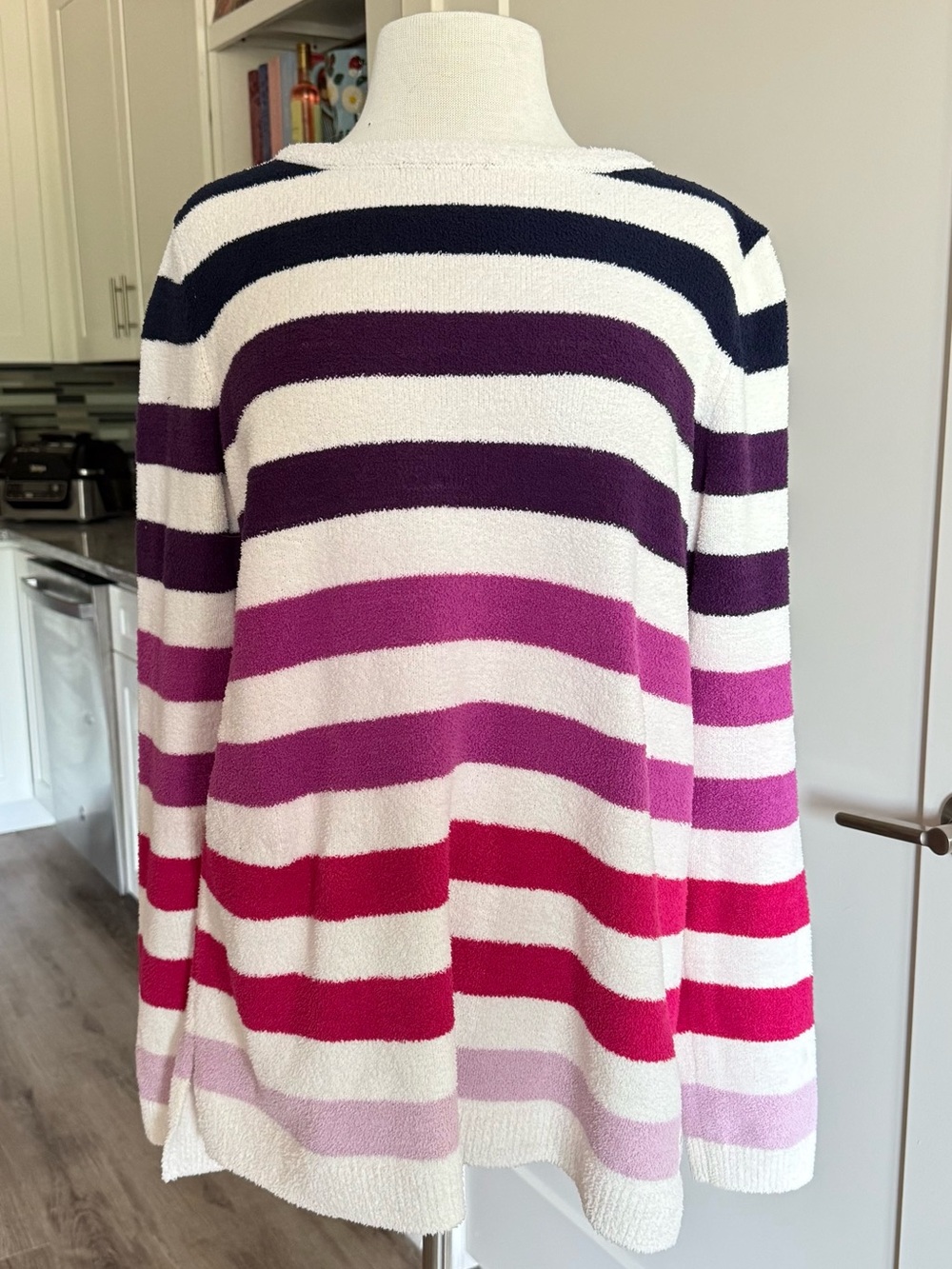 Joules White Crewneck Sweater with Navy, Purple & Pink Stripes